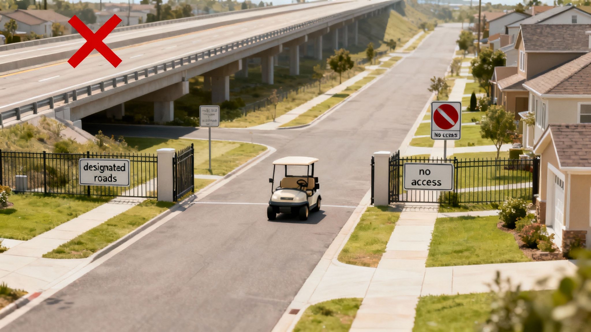 A golf cart parked on a paved path in a Florida neighborhood with palm trees.