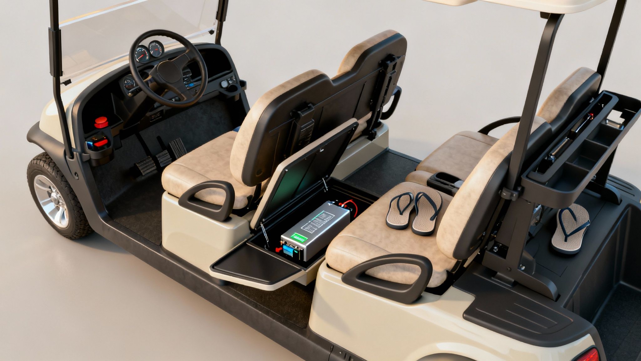A beige 6-seat golf cart interior with an open battery compartment and flip-flops.
