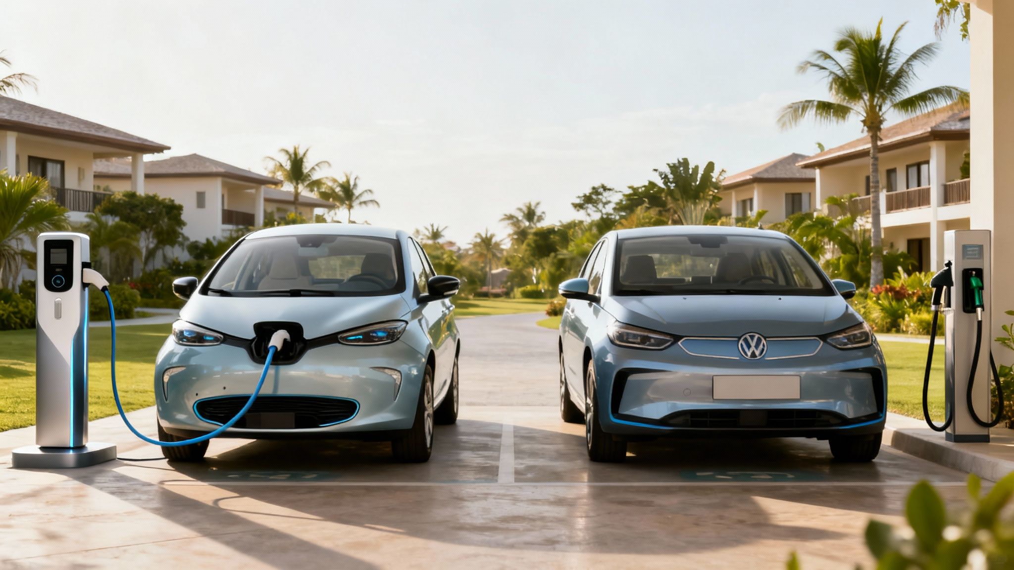 Two light blue electric cars, a Renault Zoe and Volkswagen ID.3, charging at stations in a tropical resort.