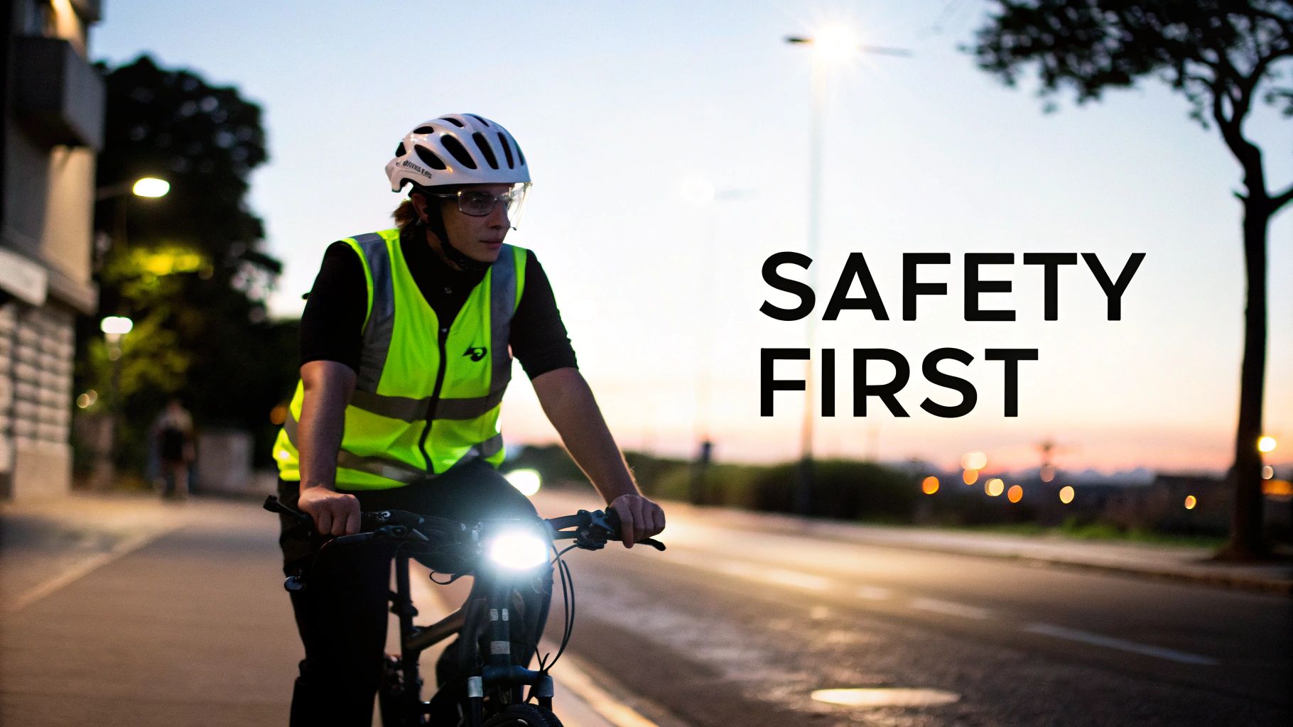 Cyclist wearing reflective vest and helmet riding bike with front light at dusk for safety