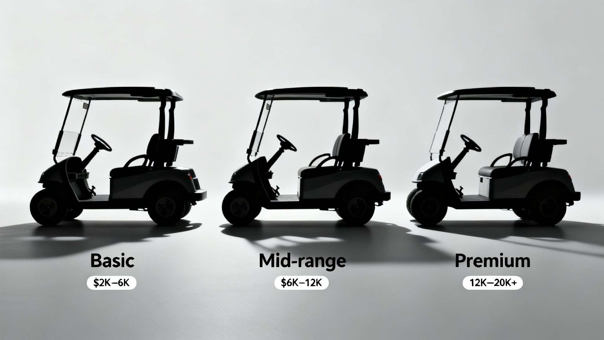 A new electric golf cart parked on a paved driveway in a residential community.