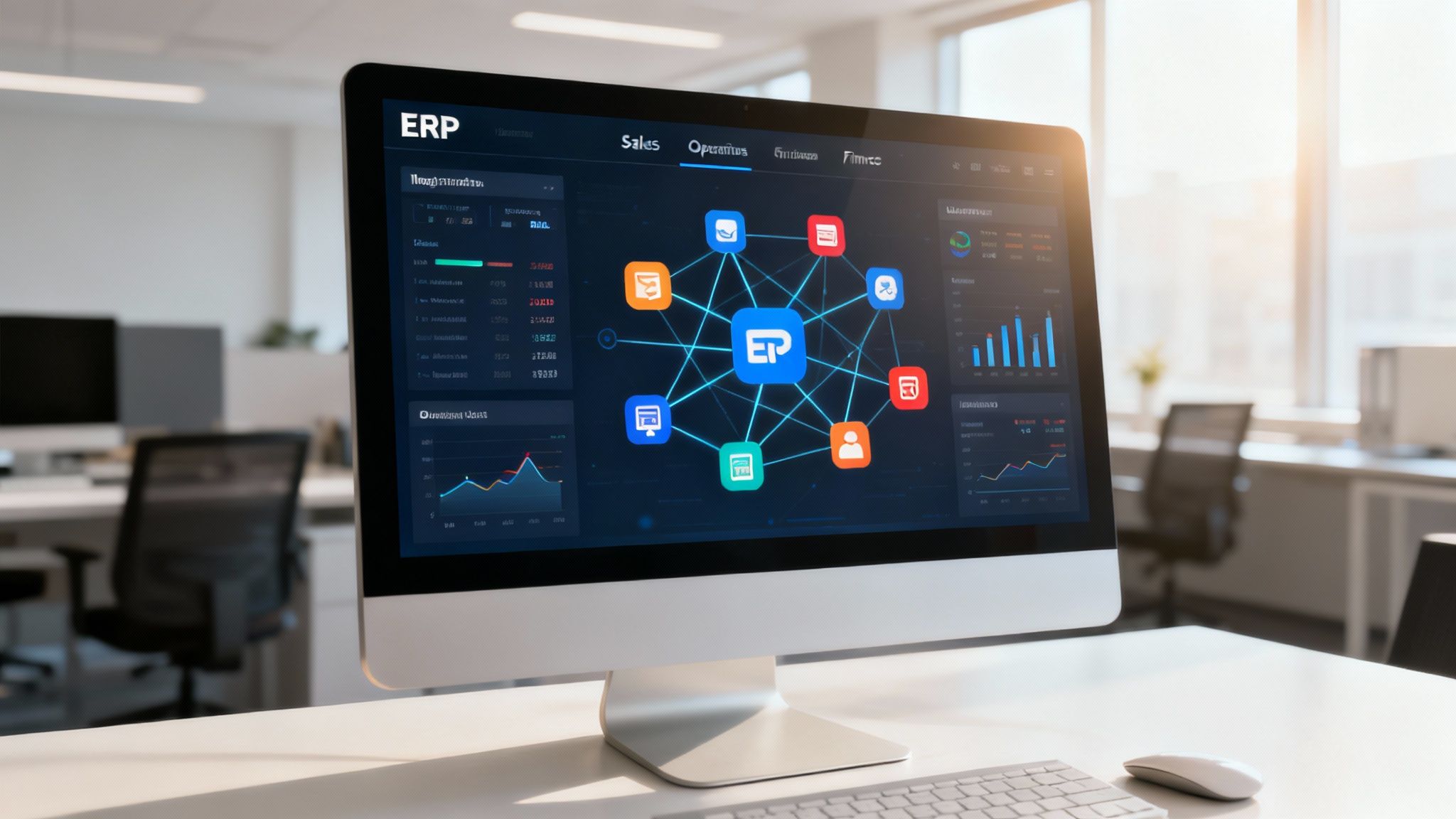 A unified dashboard on a tablet showing interconnected data streams from different business departments like sales, operations, and finance.