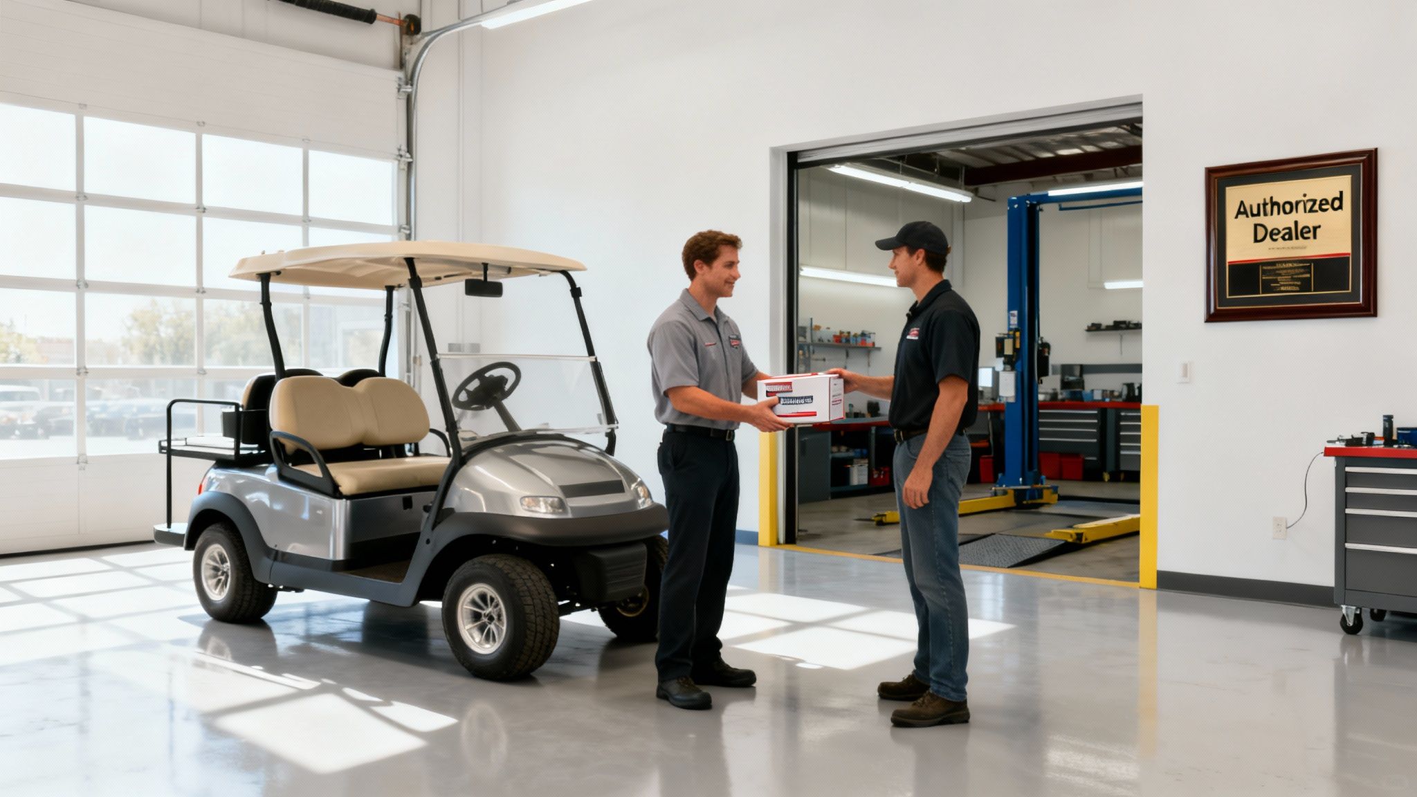 Two smiling men exchange a white parts box next to a silver golf cart in a service center.
