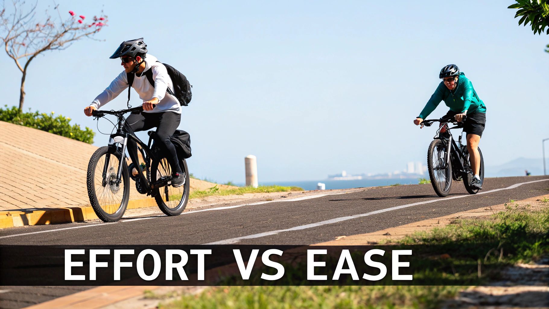 Woman smiling while riding an ebike on a paved path next to a body of water