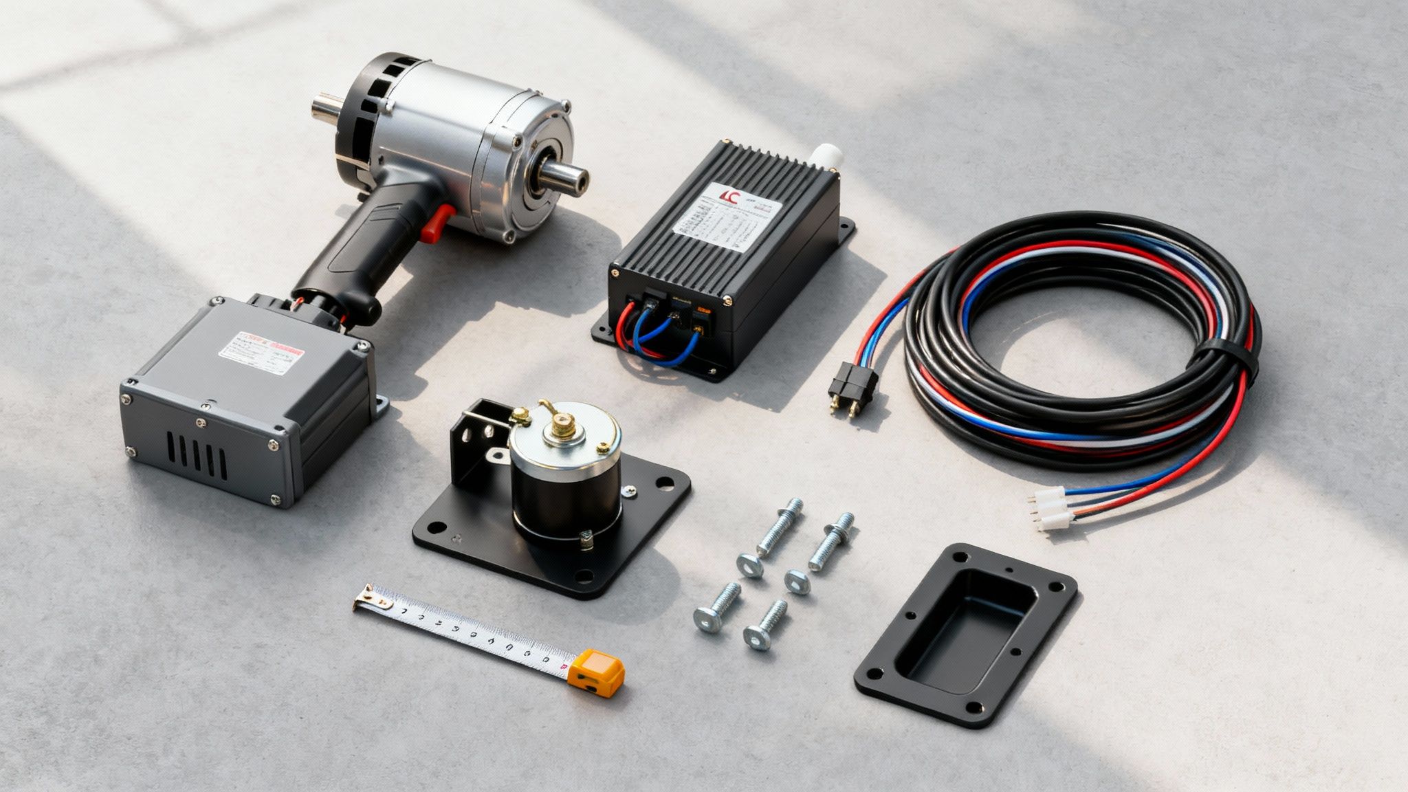 A collection of new electrical and mechanical components, including a motor, control units, cables, and hardware, for a conversion kit.