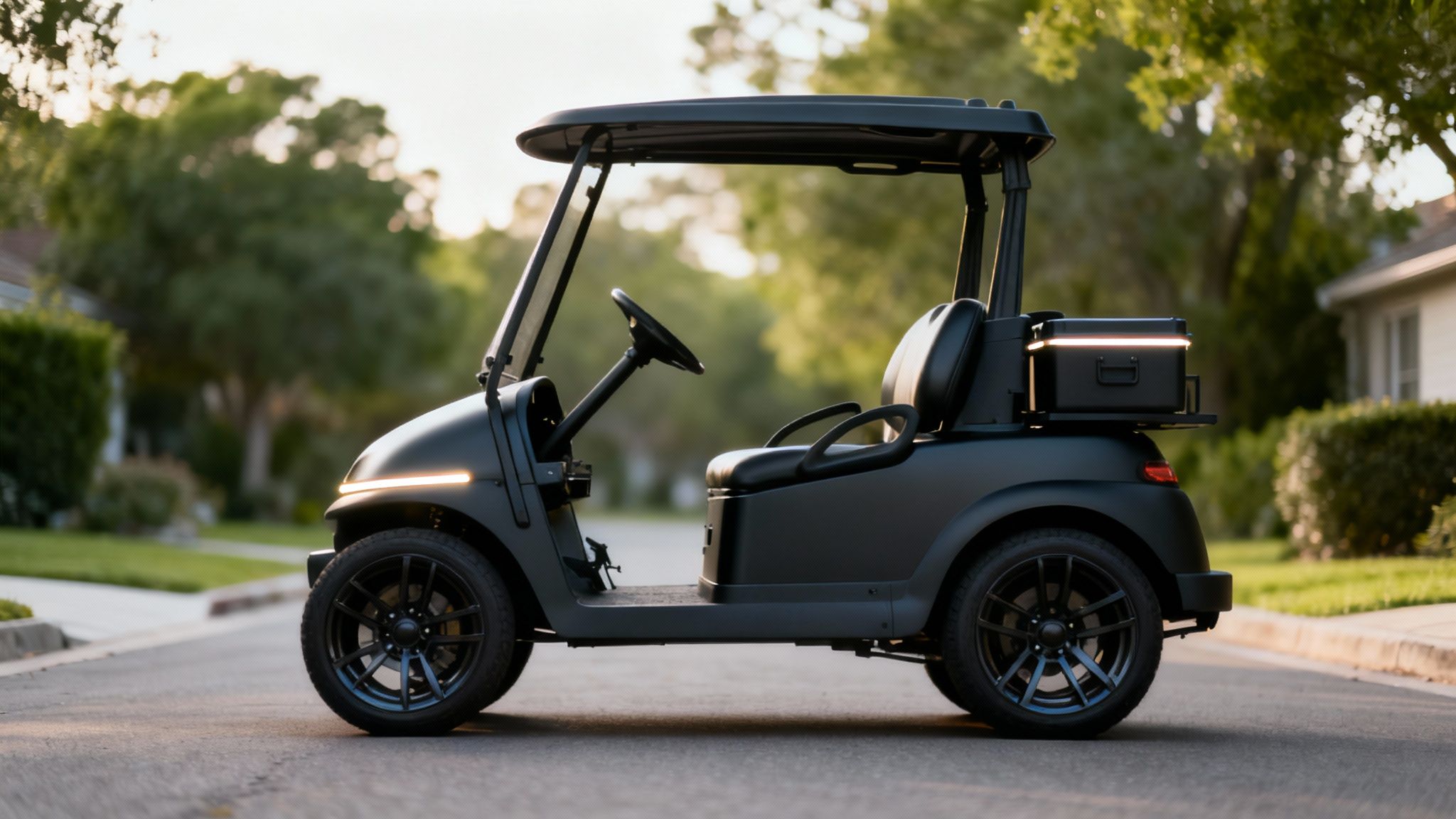 A customized Solana EV golf cart with premium features parked in a modern garage setting.