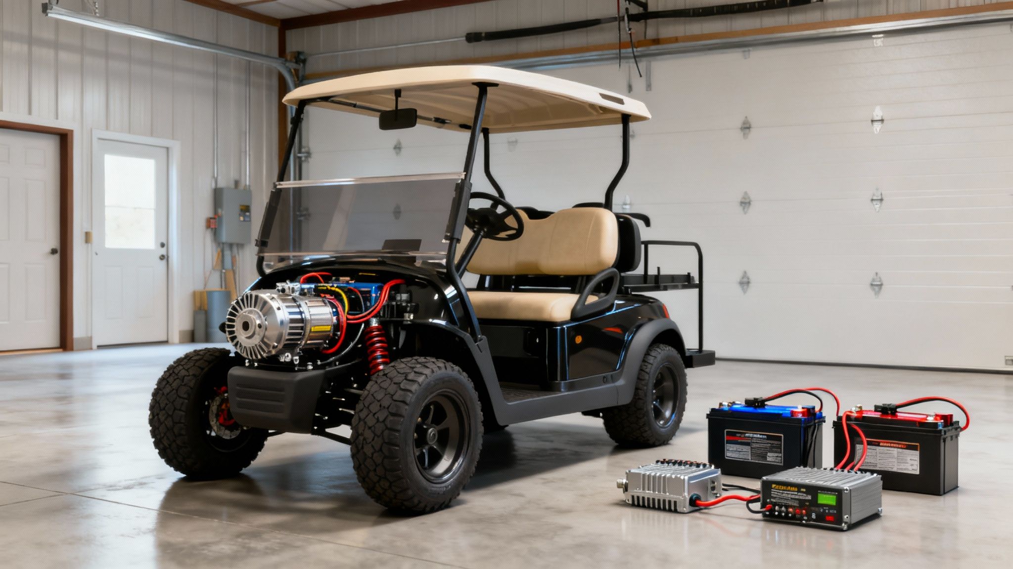 A Solana EV golf cart being worked on in a clean, modern garage.