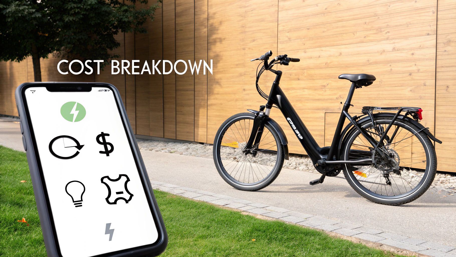 A black electric bike parked beside a modern building, with a smartphone displaying cost breakdown icons.