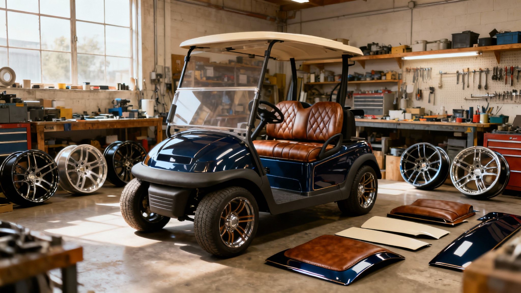 A close-up shot of a luxury custom golf cart's interior, showing hand-stitched leather seats and a custom steering wheel.