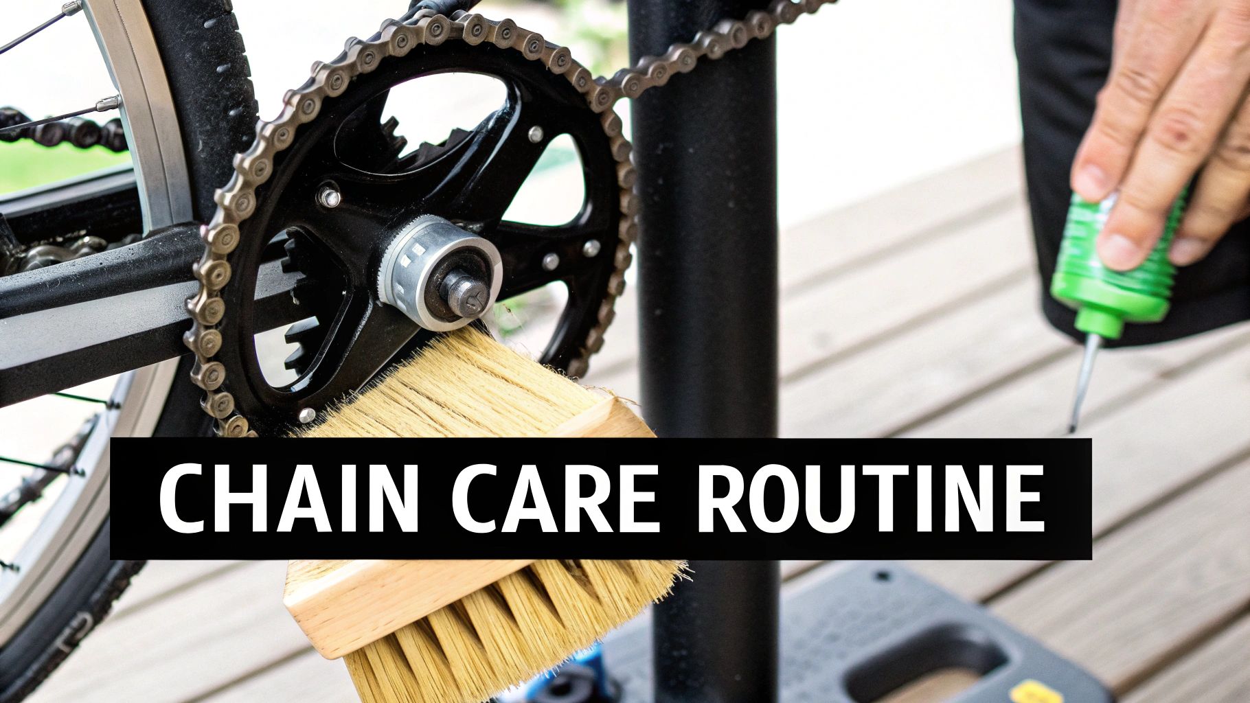A close-up view of a bicycle chain being cleaned with a brush and lubricated with oil.