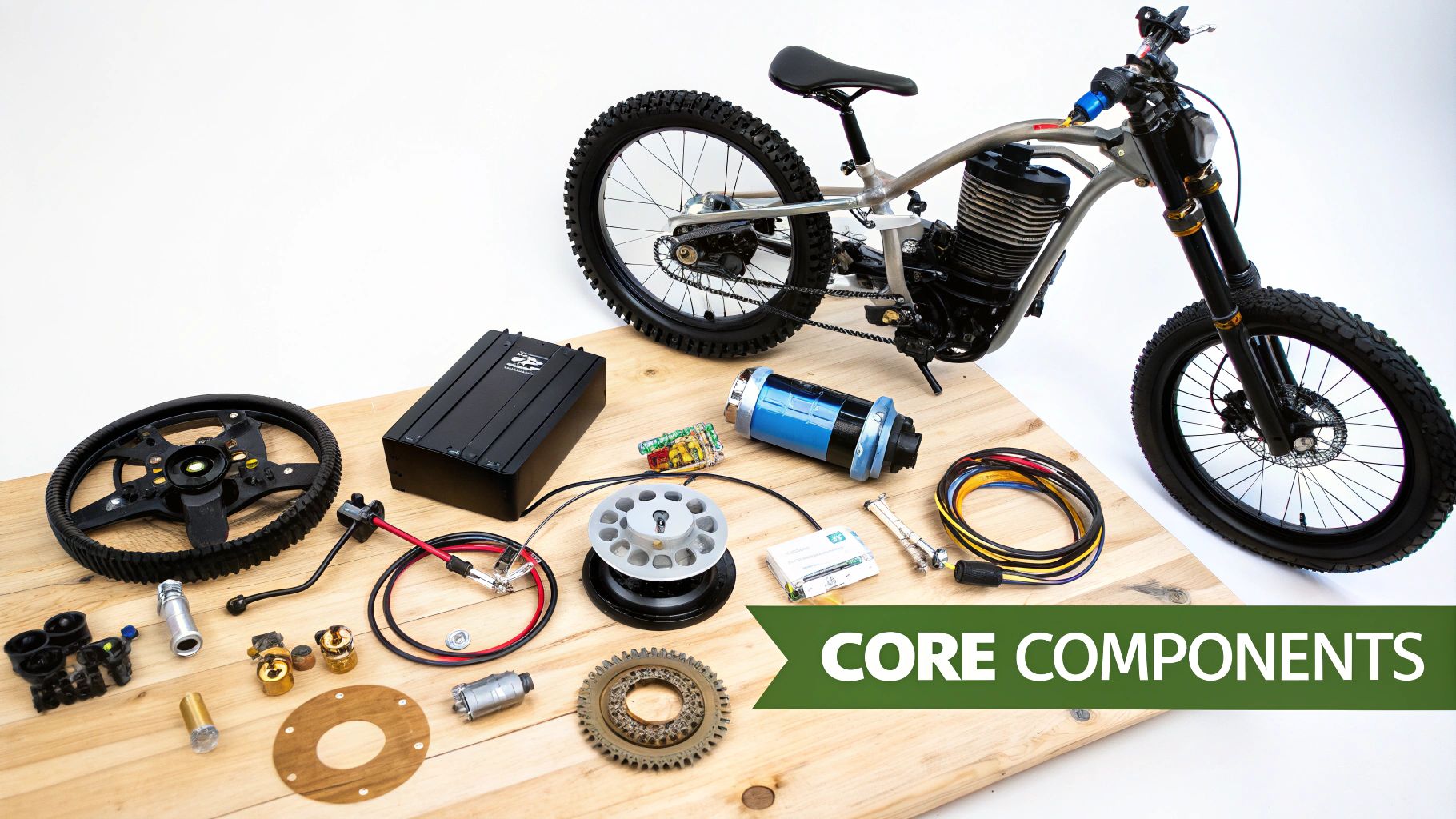 Core components of an electric dirt bike, including the motor, controller, battery, gears, and wiring, laid on a wooden table.