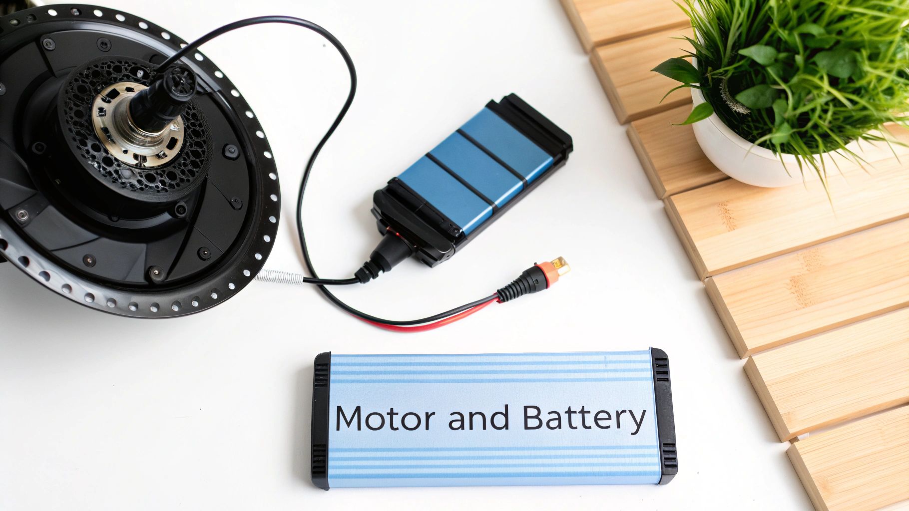 Top-down view of an e-bike motor and battery pack displayed on a white surface.