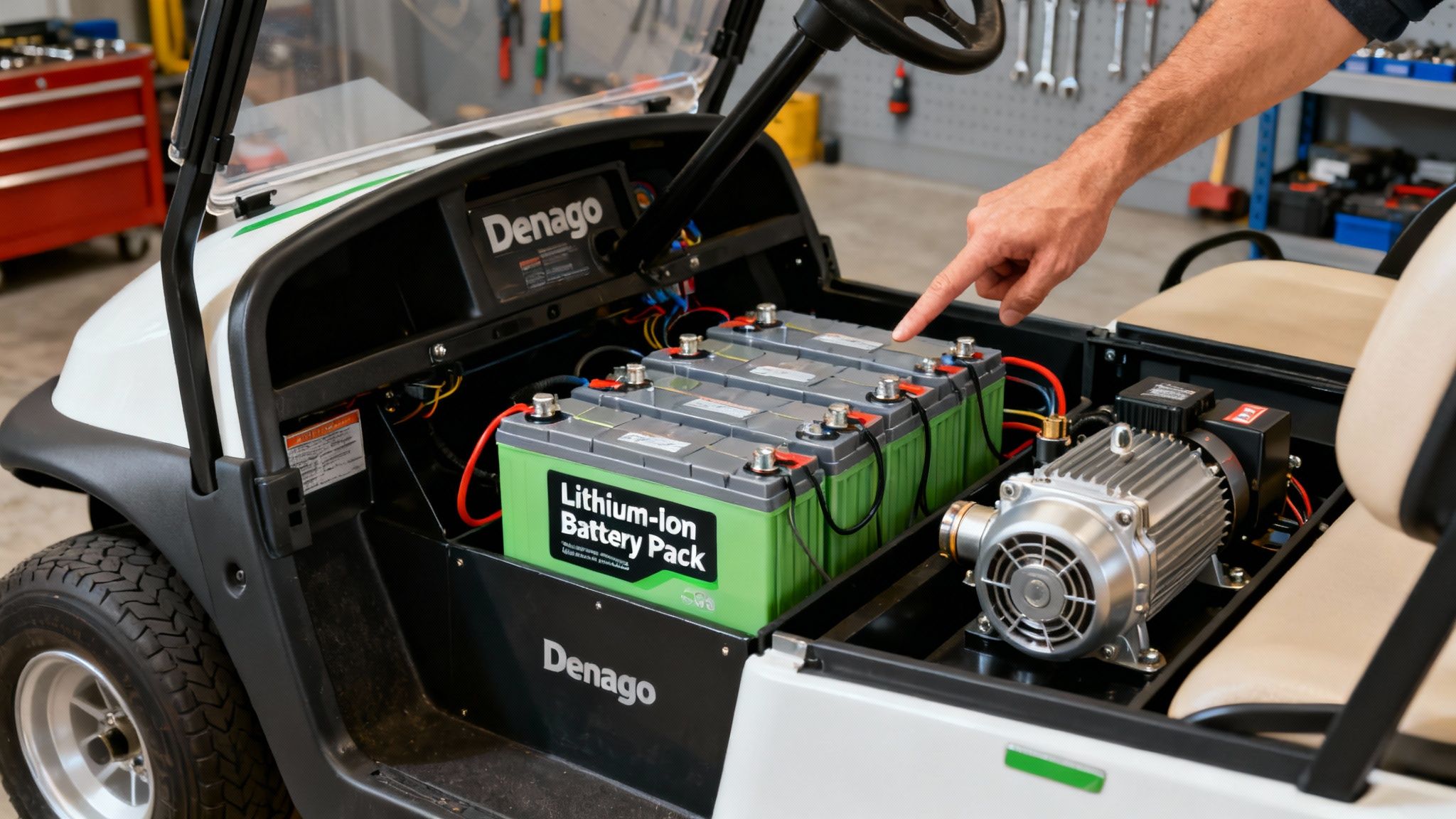 A hand points at green lithium-ion batteries installed in a white Denago electric golf cart.