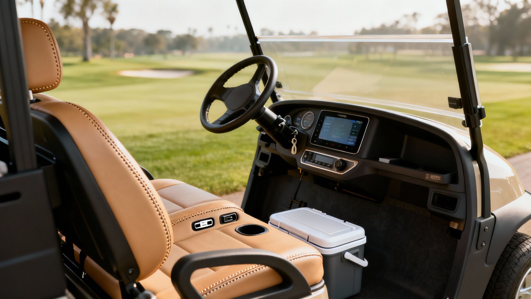 Interior view of a modern golf cart on a lush golf course with brown leather seats and dashboard technology.