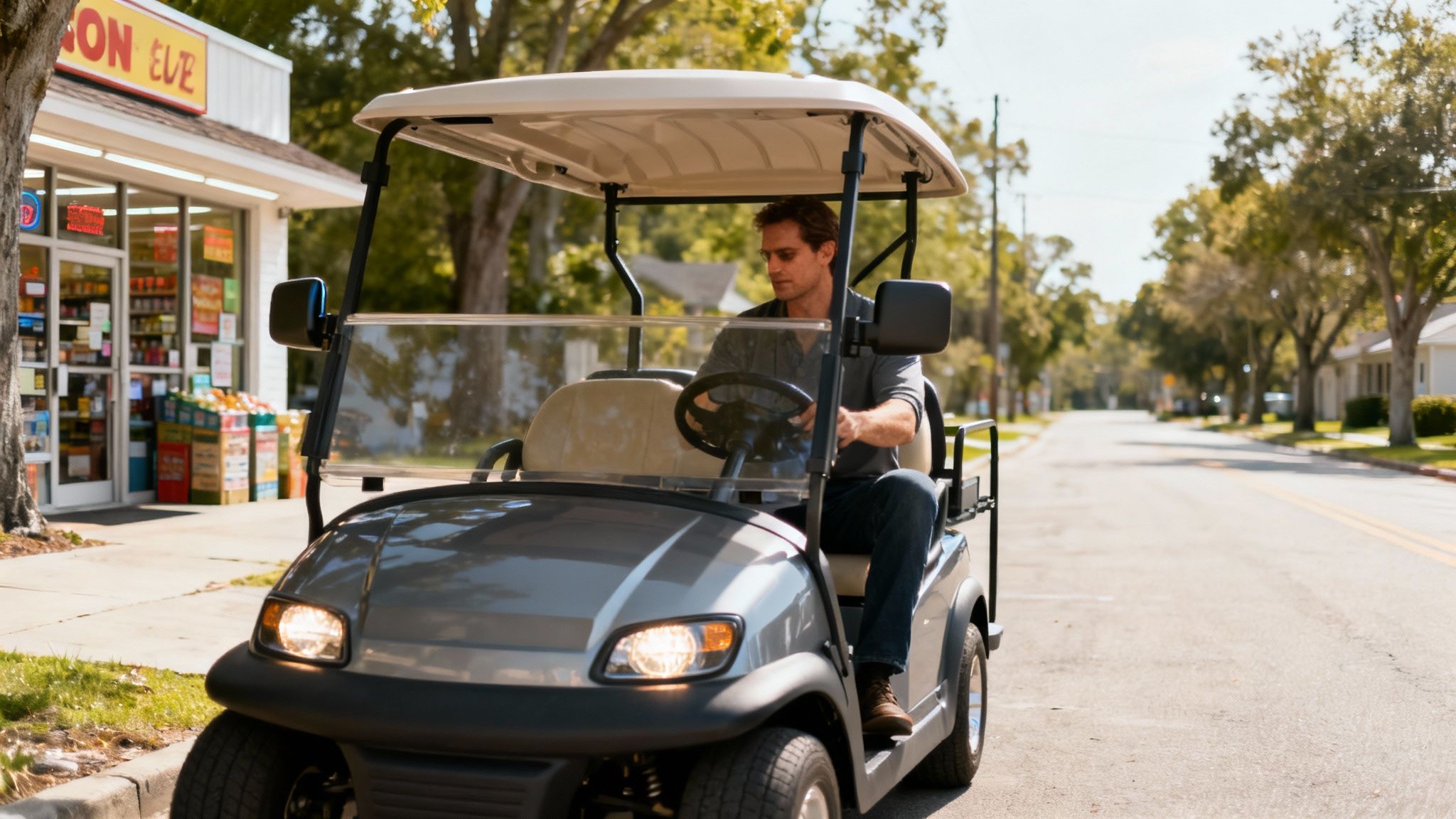 Three people enjoying a ride in a white street legal golf cart on a sunny day.
