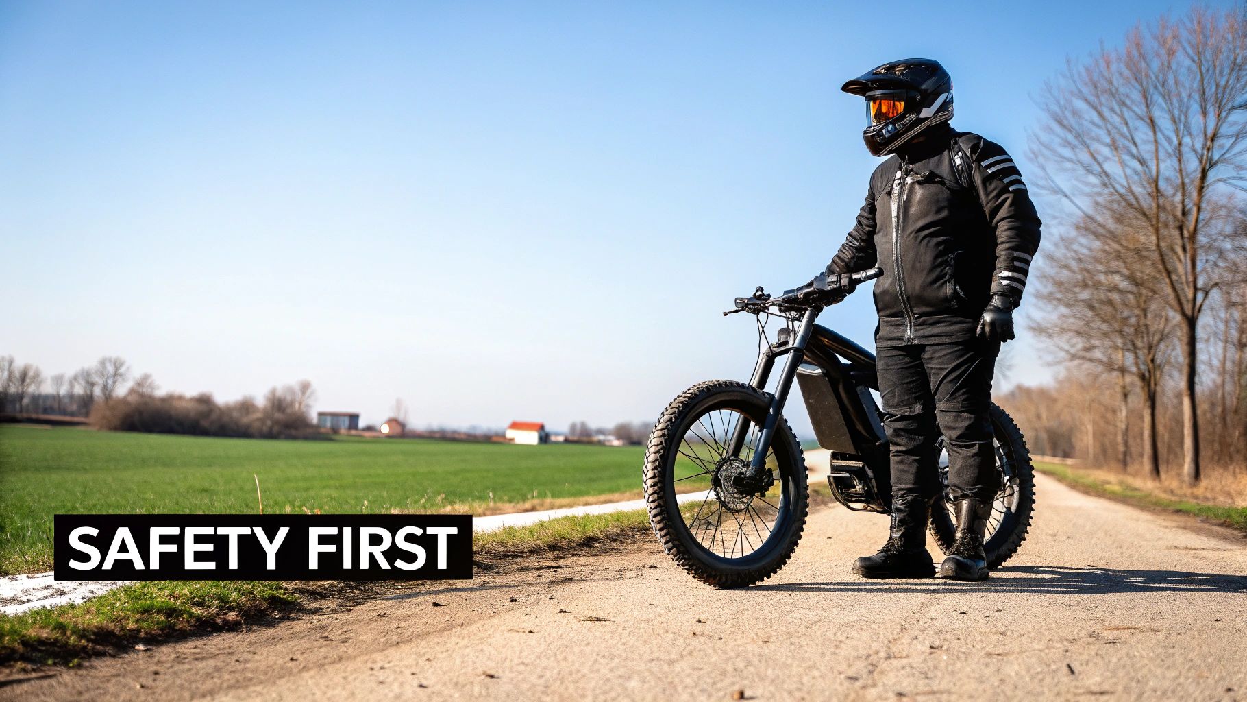 A fully geared rider with a helmet stands beside an electric dirt bike on a rural road, emphasizing safety.