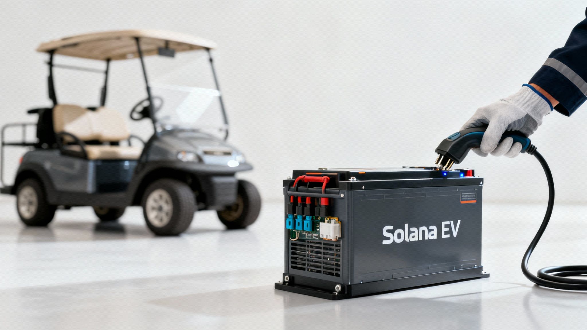 A close-up of a Solana EV golf cart's charging port being plugged in.