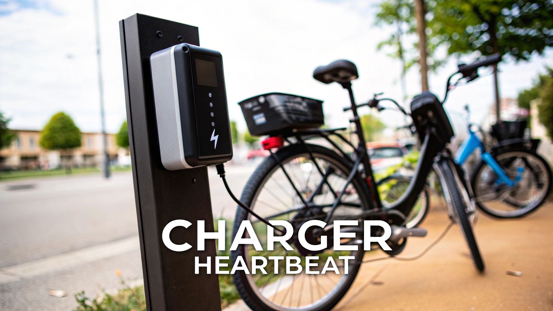 A black electric bike is plugged into an outdoor charging station, with another blue e-bike in the background.
