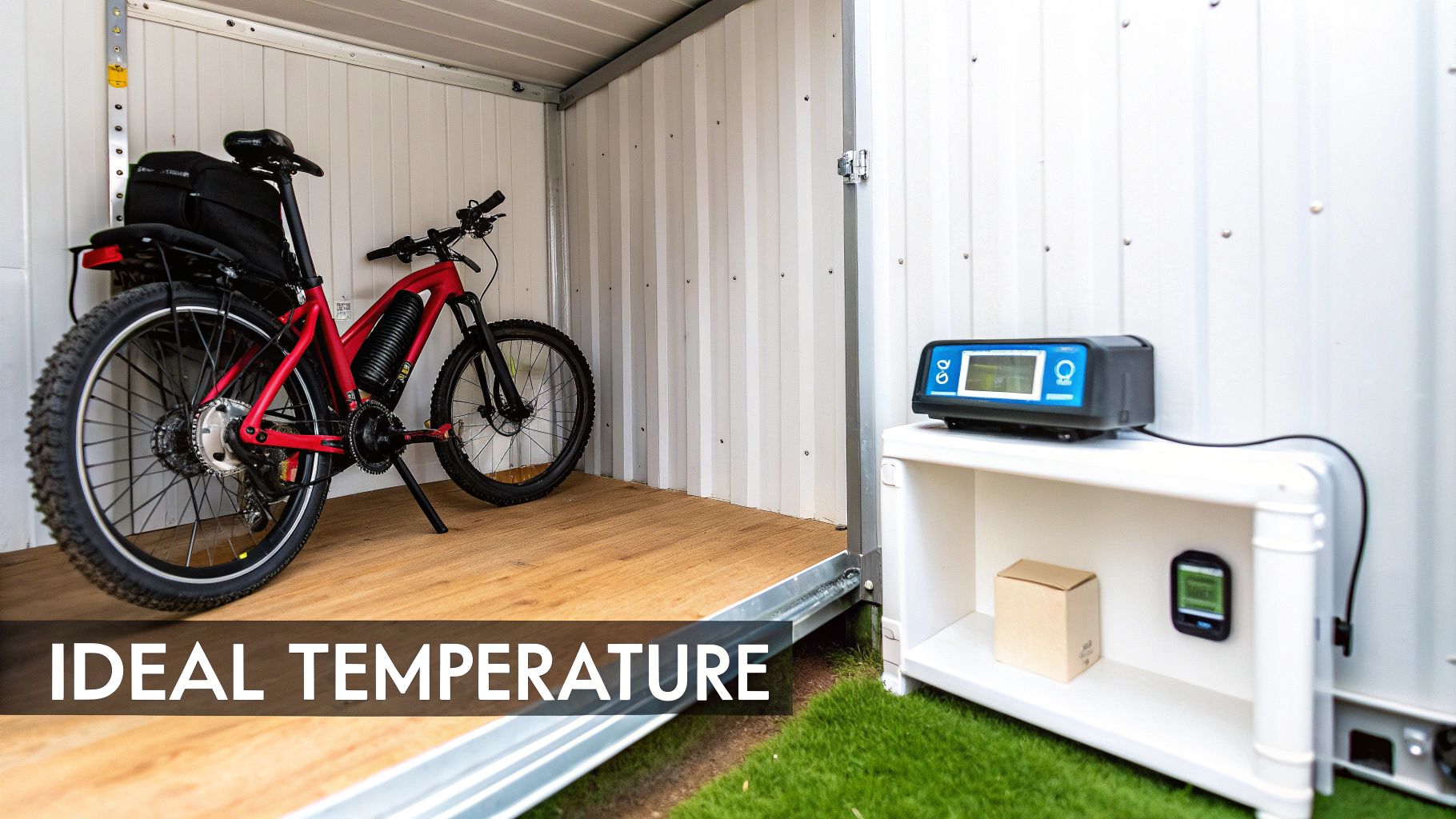 A red electric bike with a battery stored inside a white corrugated shed, with temperature monitoring outside.