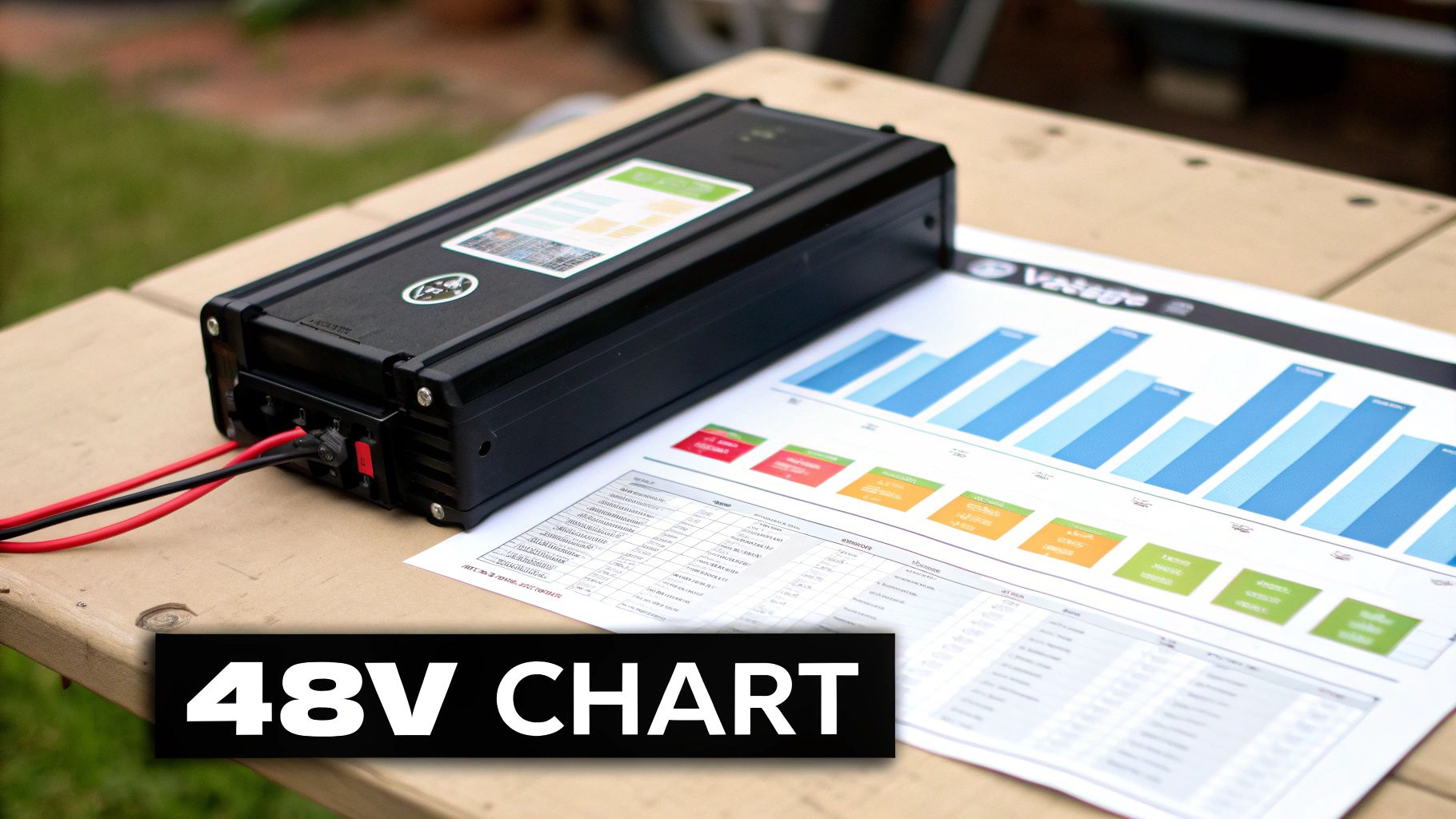 A black battery pack with connected wires rests on a table beside a printed 48V voltage chart.