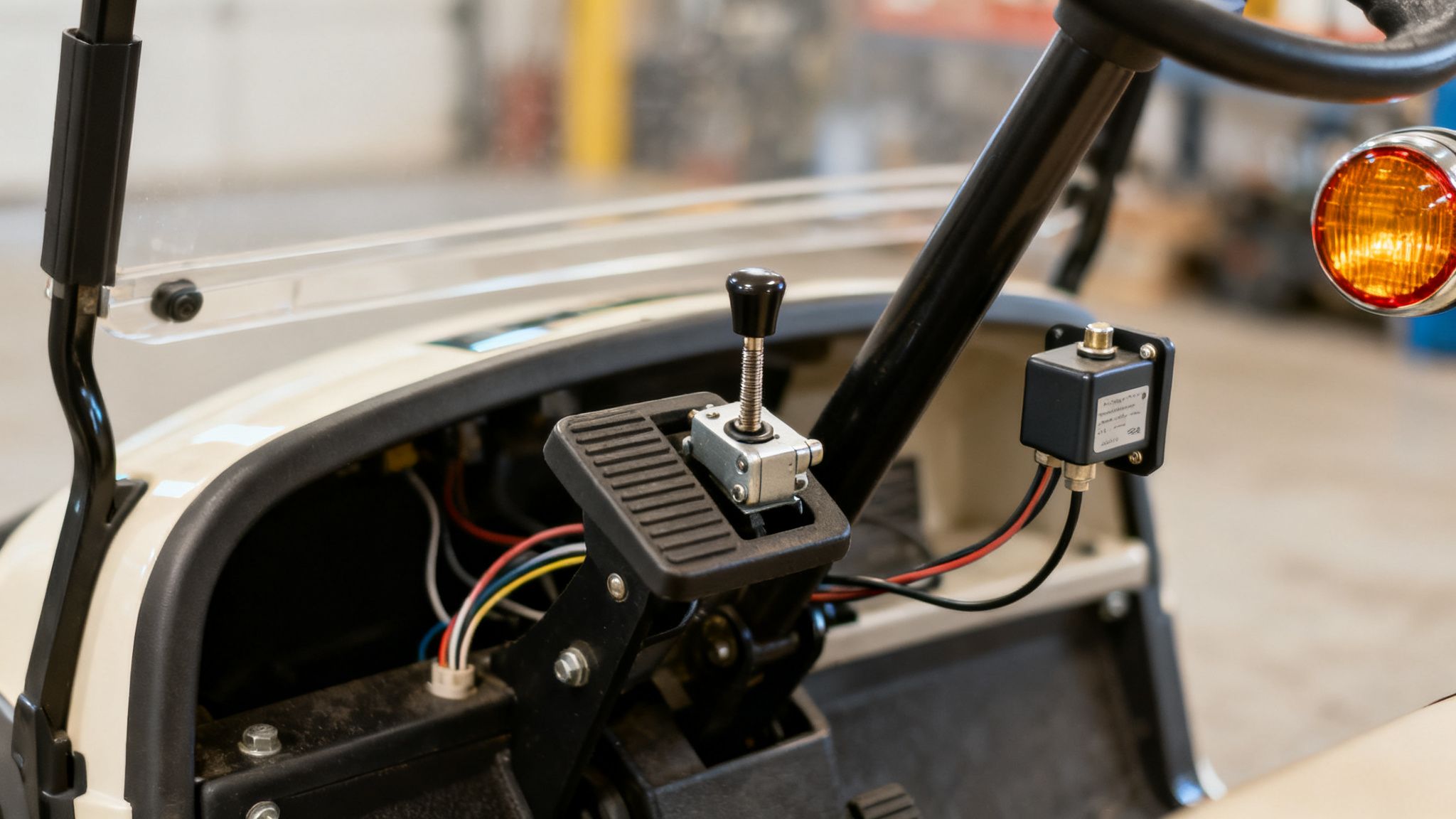 A close-up of a golf cart's floor, showing a mechanical foot control with a lever and electrical wiring.