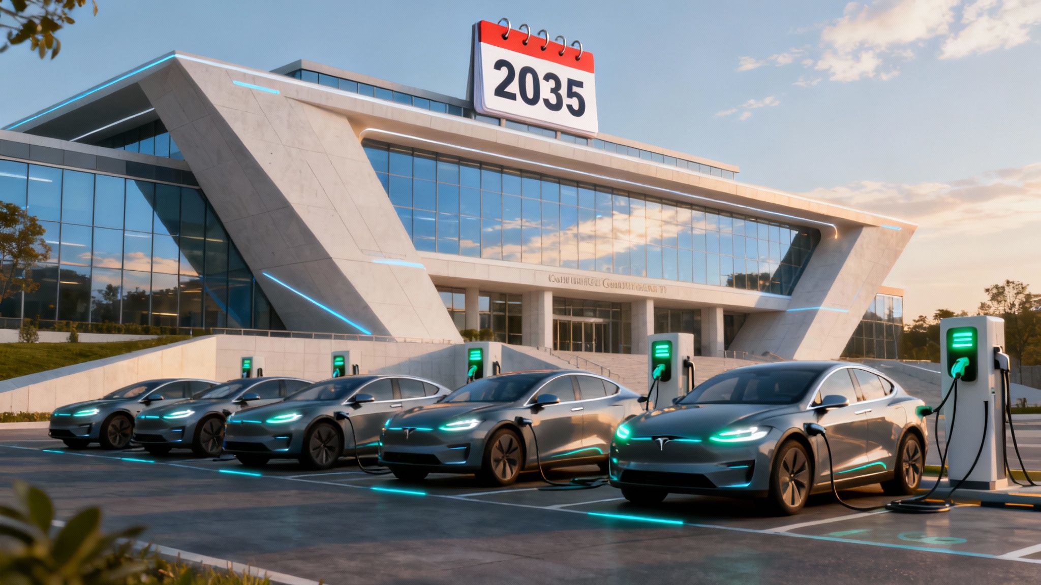 A futuristic cityscape with clean lines and green spaces, where electric vehicles move silently along streets integrated with nature.