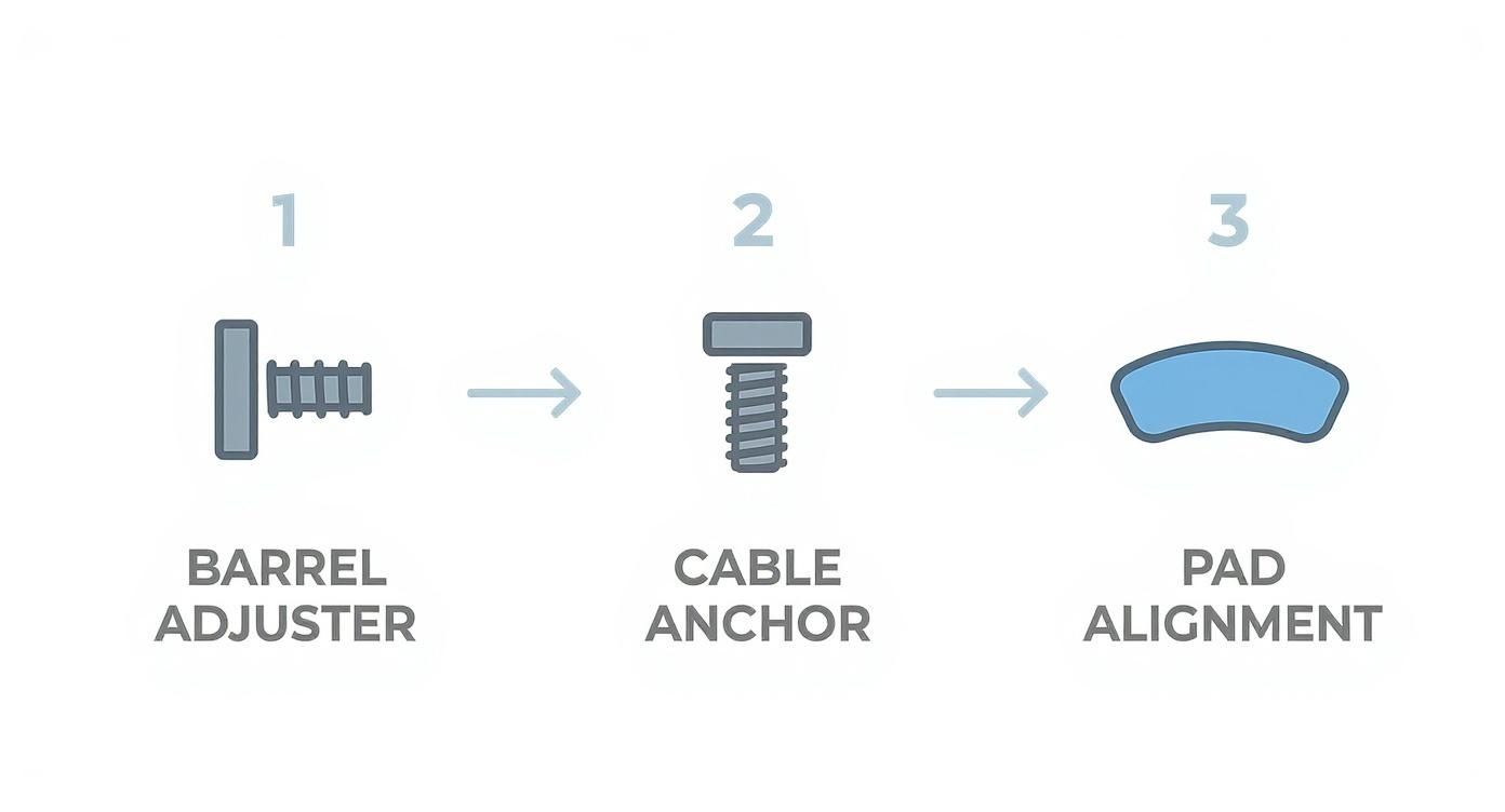Three-step diagram for bicycle brake adjustment: barrel adjuster, cable anchor, and pad alignment with icons.