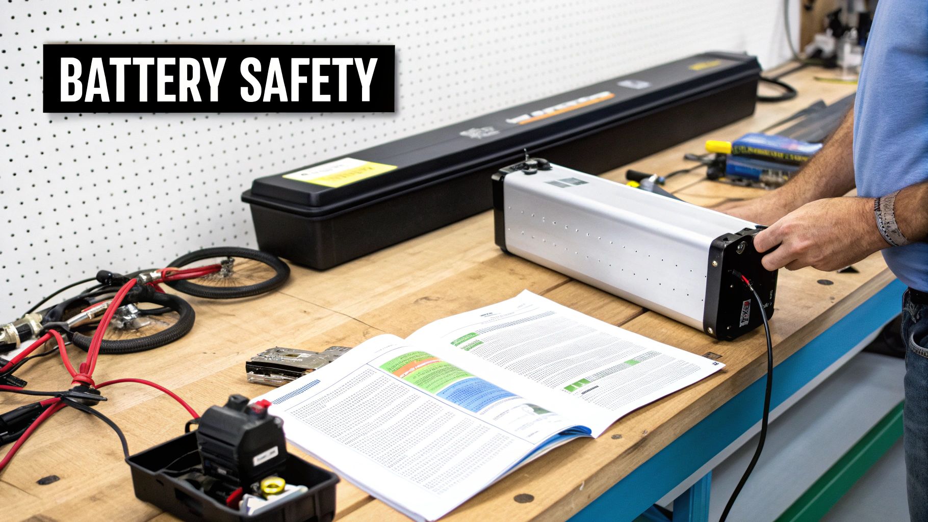 Person handling lithium battery pack on workbench with safety manual and testing equipment