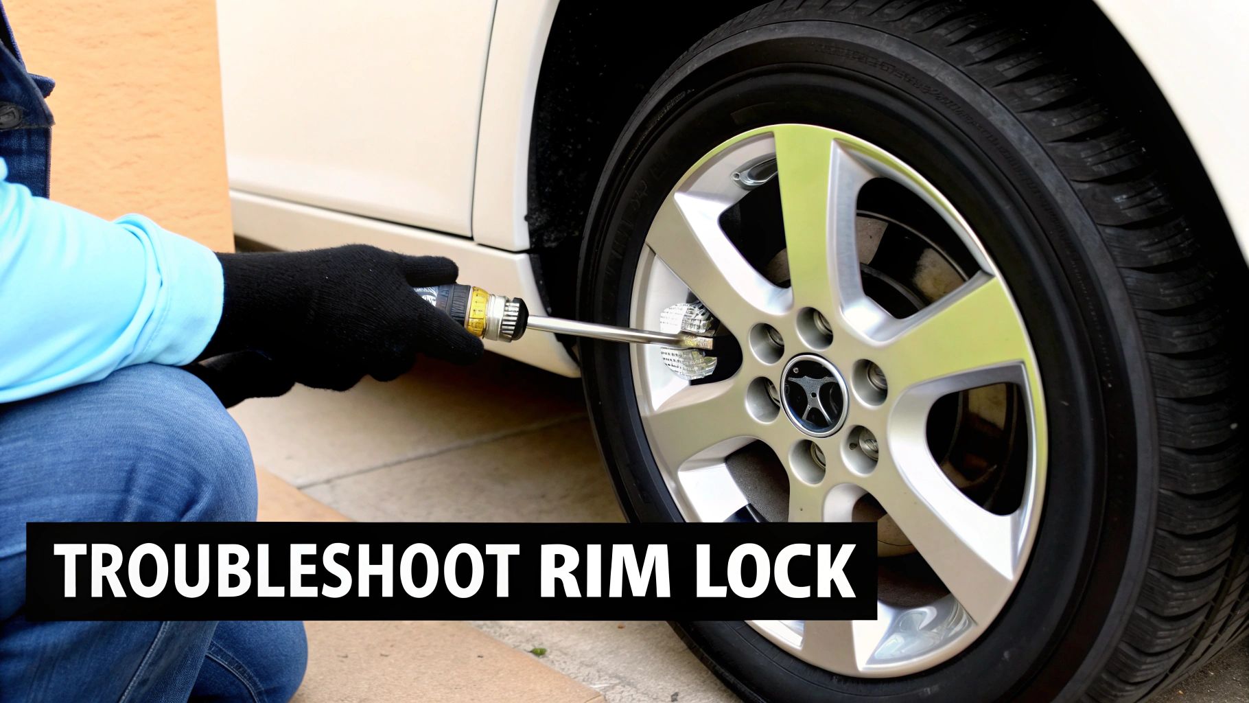A person in black gloves uses a tool to remove a wheel lock from a car's silver alloy wheel.