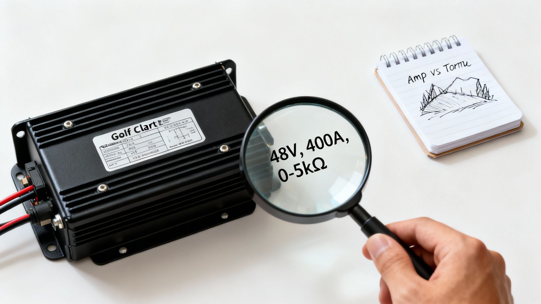 A hand holds a magnifying glass over a golf cart controller, revealing its 48V, 400A, 0-5kΩ specifications.
