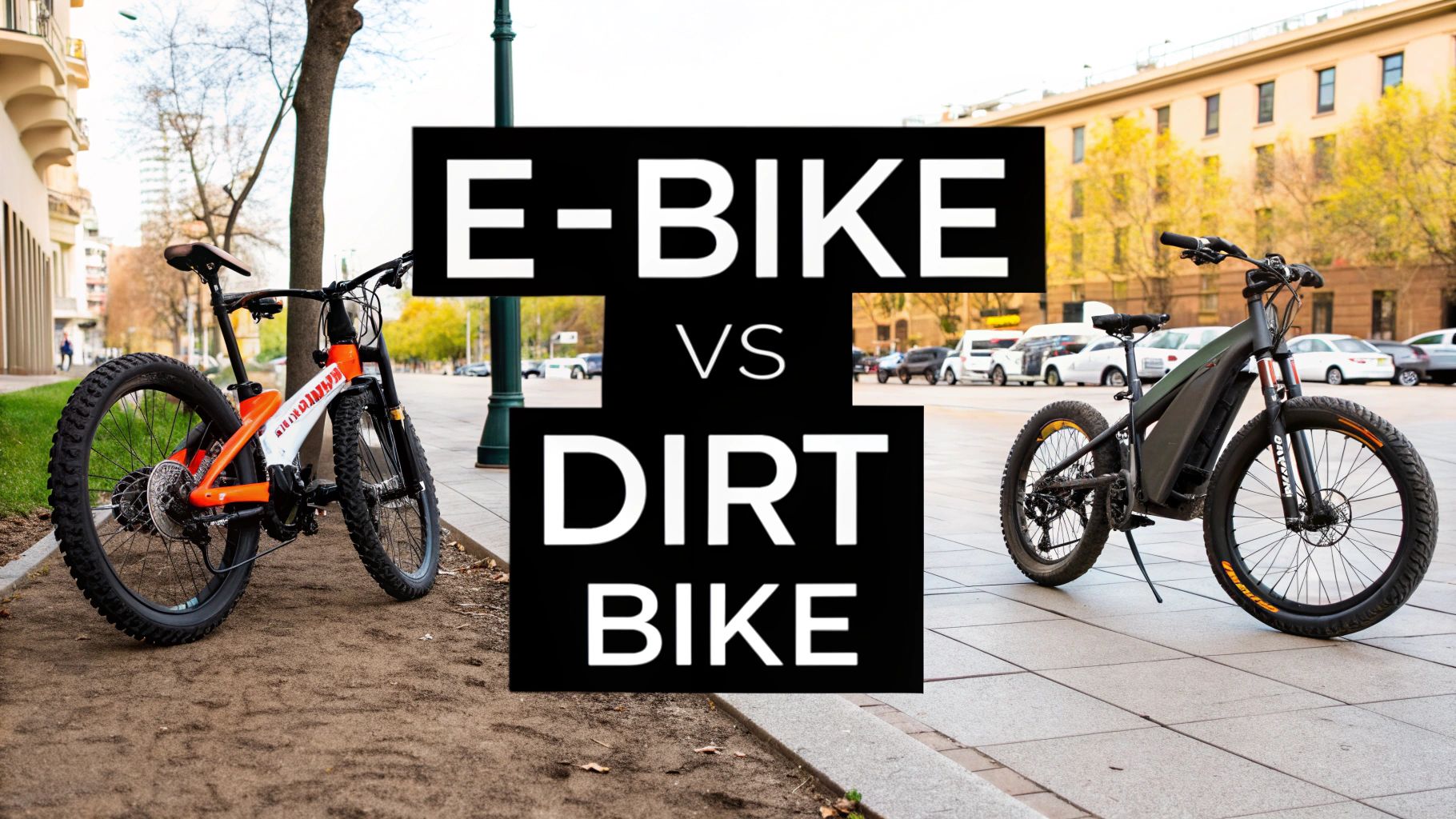Two distinct electric bikes, one orange on dirt and one black on pavement, showcasing E-bike vs Dirt Bike.