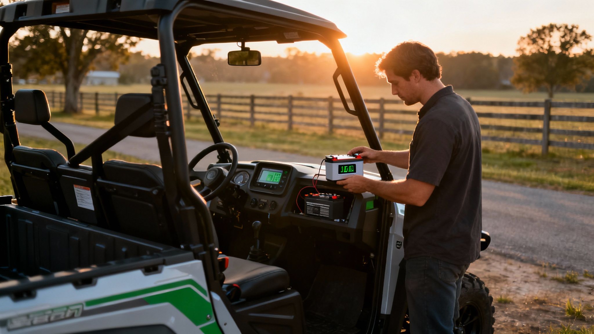 Man checking battery in an electric side-by-side UTV at sunset on a farm.