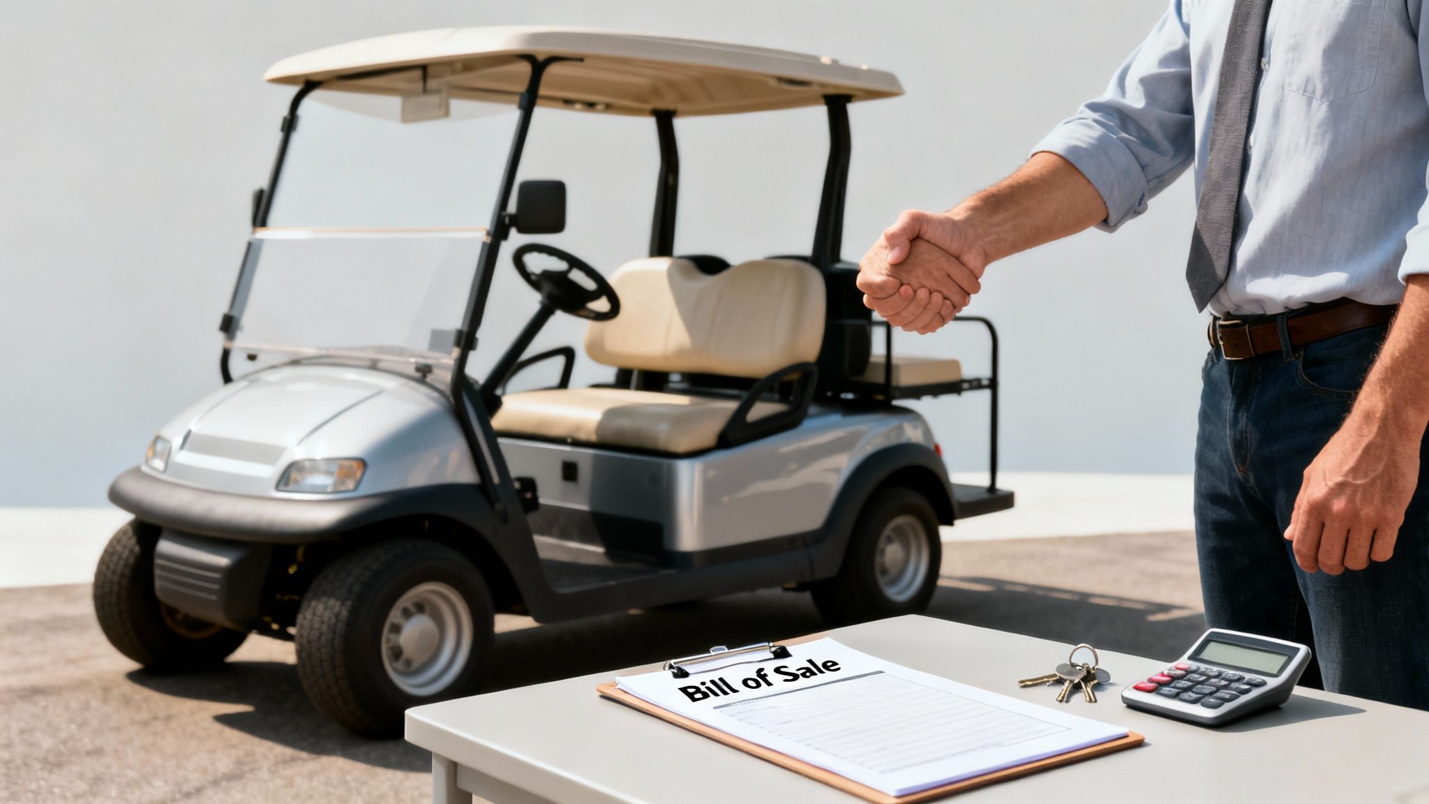 Man shaking hands over a bill of sale document for a silver golf cart and keys on a table.
