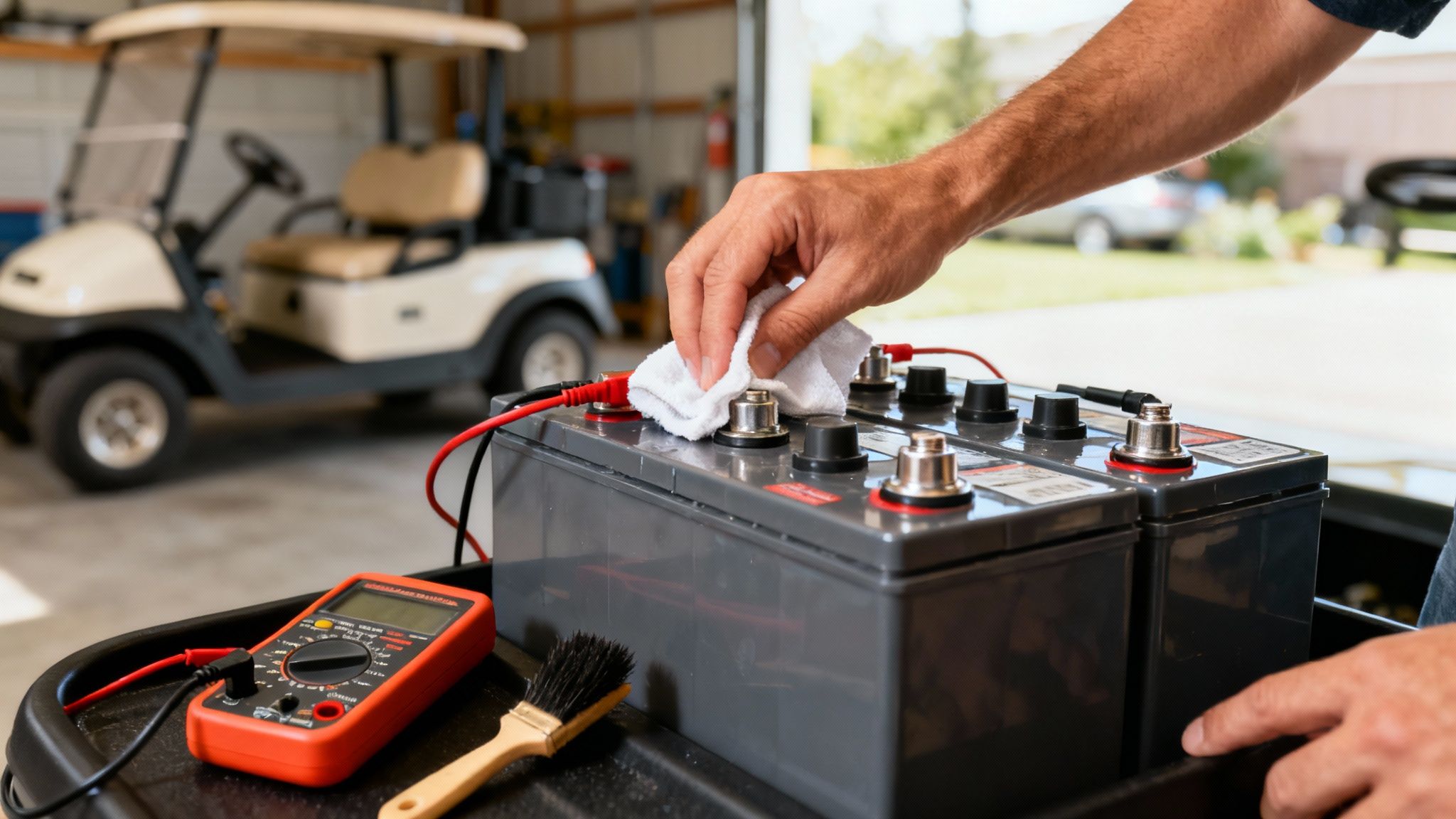A person cleaning the terminals of a battery powered golf cart.