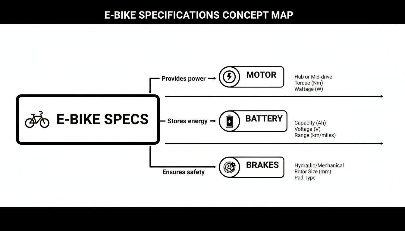 An E-Bike specifications concept map detailing motor, battery, and brakes with their key attributes.