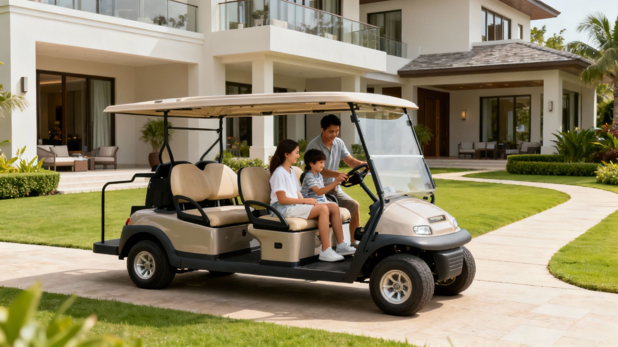 A family happily riding in a modern 6 seat golf cart through their neighborhood.