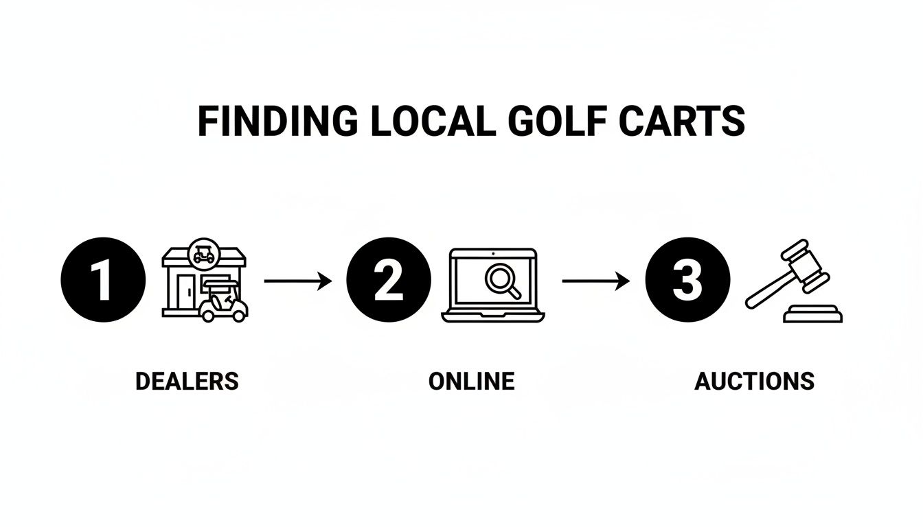 A flowchart illustrating three ways to find local golf carts: dealers, online, and auctions.