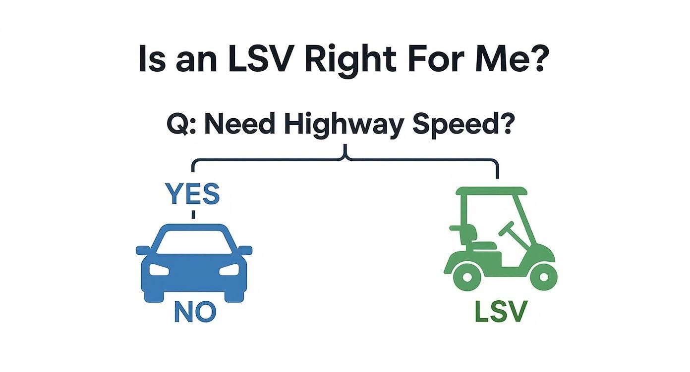 Decision flowchart showing LSV versus regular car choice based on highway speed requirements