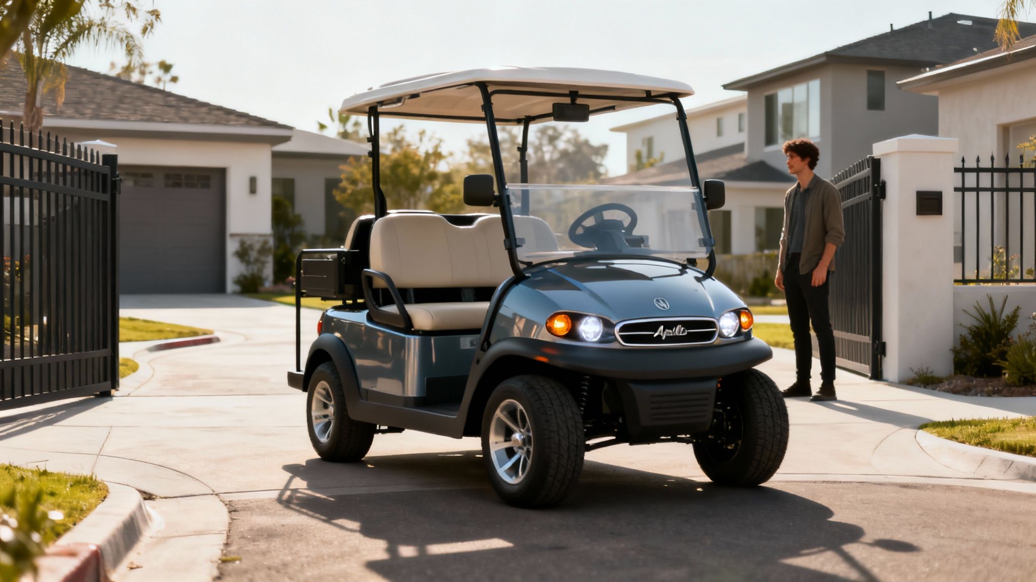 A man stands beside a modern Apollo golf cart on a sunny residential driveway.
