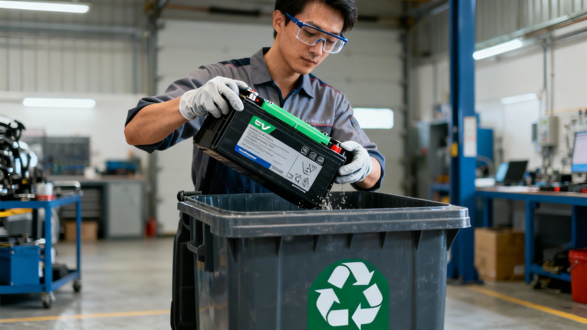 Technician in safety gear recycling an EV car battery into a bin in a workshop.