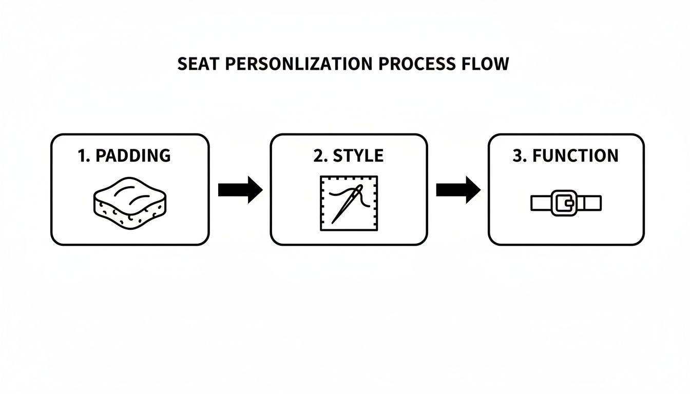 A clear diagram detailing a three-step seat personalization process: padding, style, and function, with relevant icons.