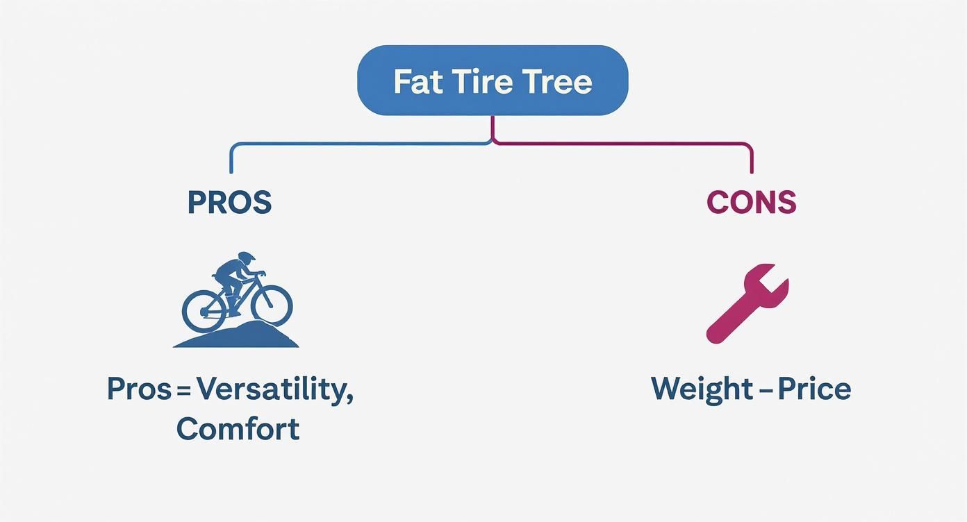 Infographic showing fat tire tree pros of versatility and comfort versus cons of weight and price