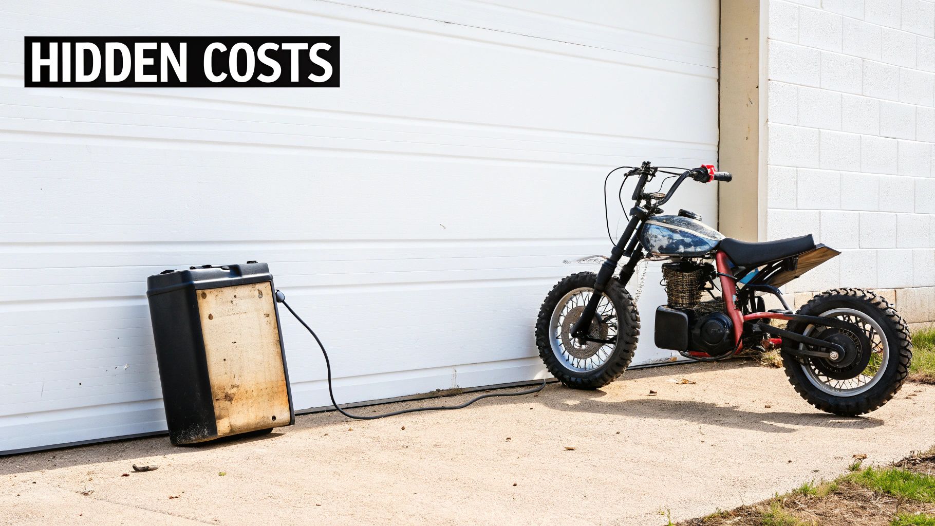 An electric mini dirt bike connected to a large battery charger outside a garage, with 'HIDDEN COSTS' text overlay.