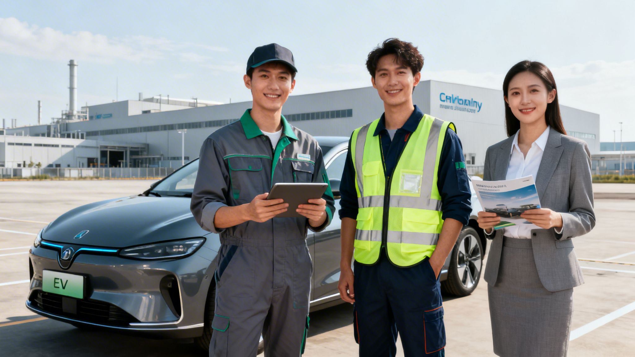 Smiling automotive professionals, including technicians and an executive, standing with an electric vehicle and factory.