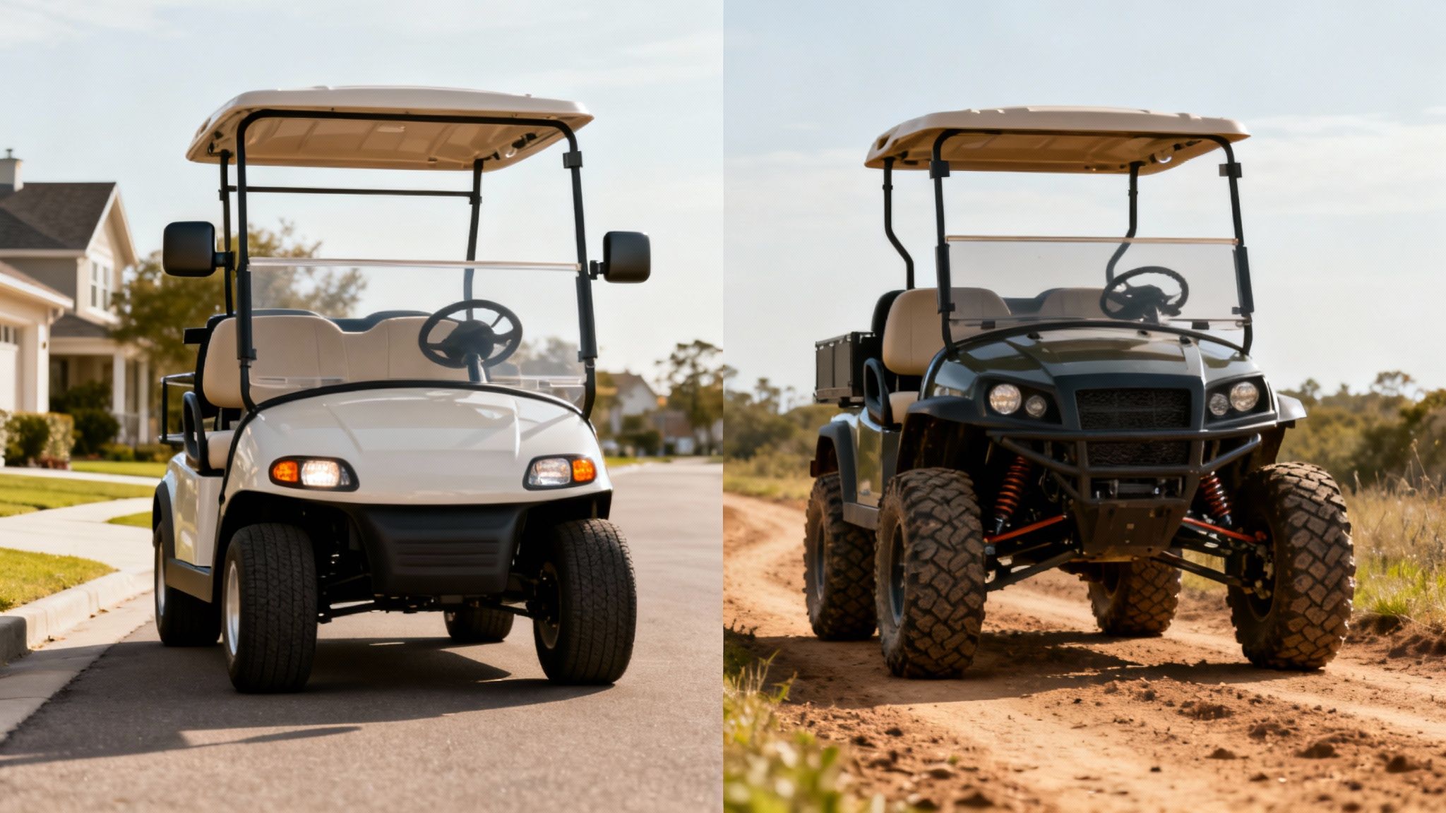 A cream street golf cart on asphalt beside a dark green off-road utility vehicle on a dirt path.