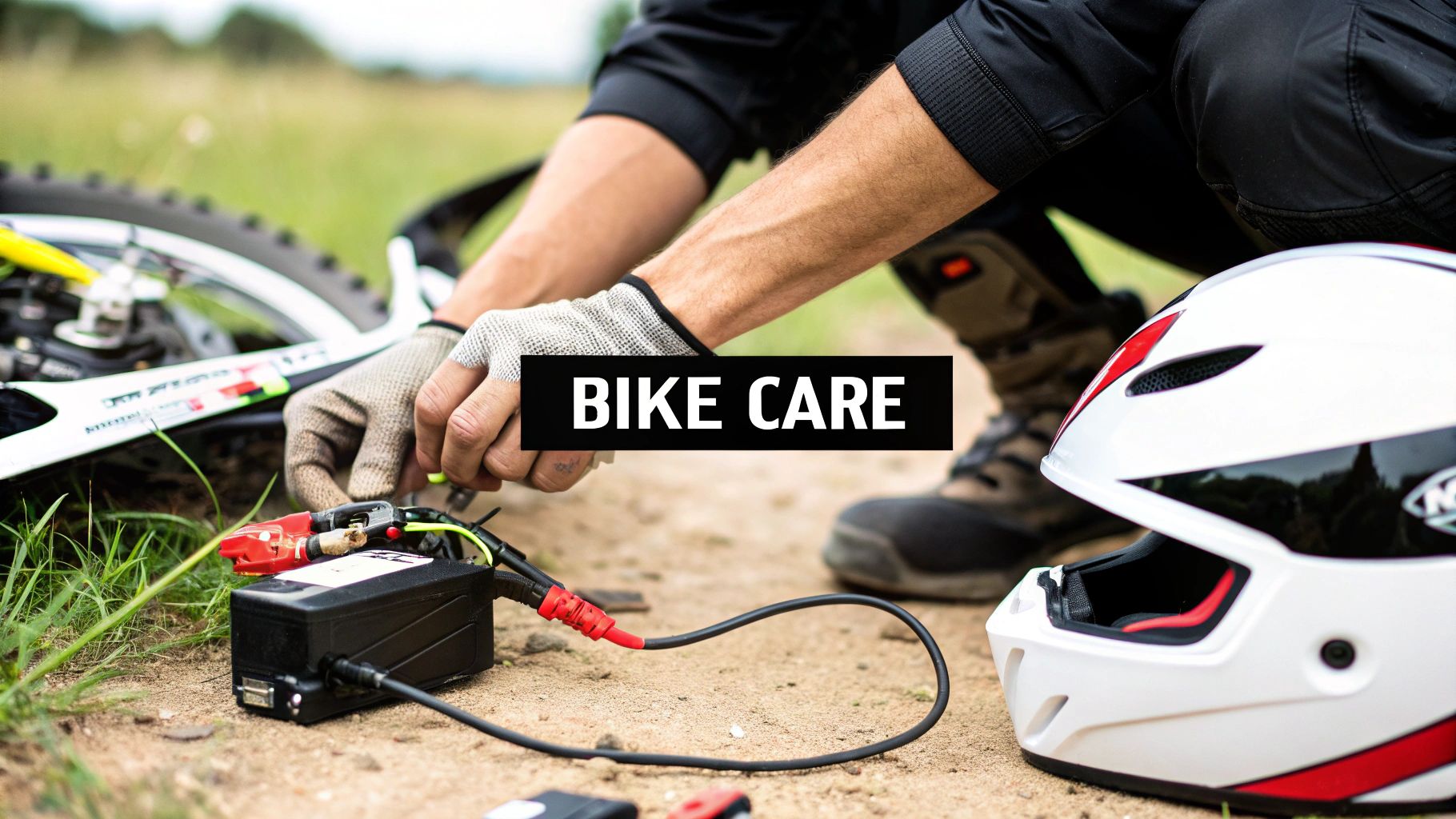 A person in work gloves maintains an electric dirt bike, with a battery pack and helmet on the ground outdoors.