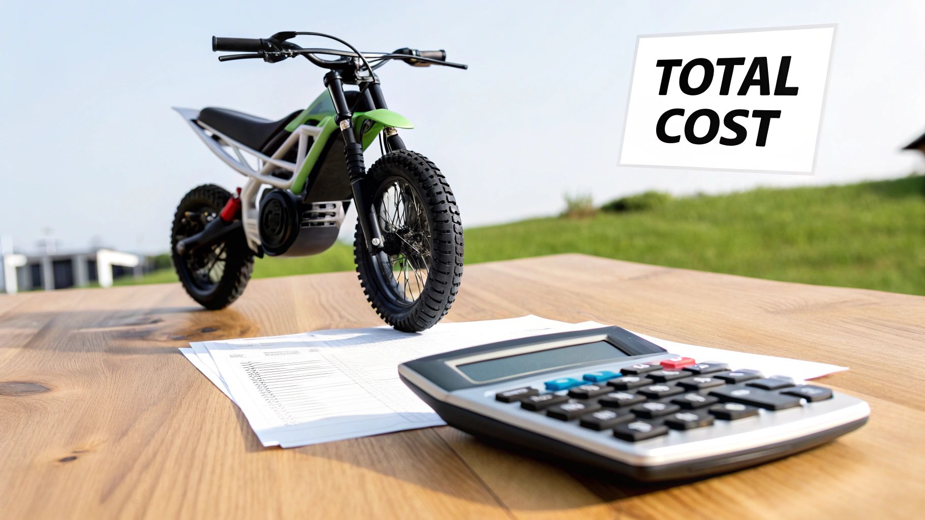 A small electric dirt bike model, calculator, and 'TOTAL COST' sign on a wooden table.