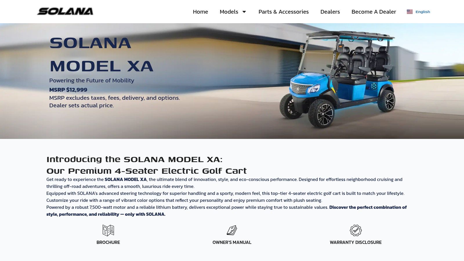 Solana EV Model XA – Street-Legal Low Speed Vehicle