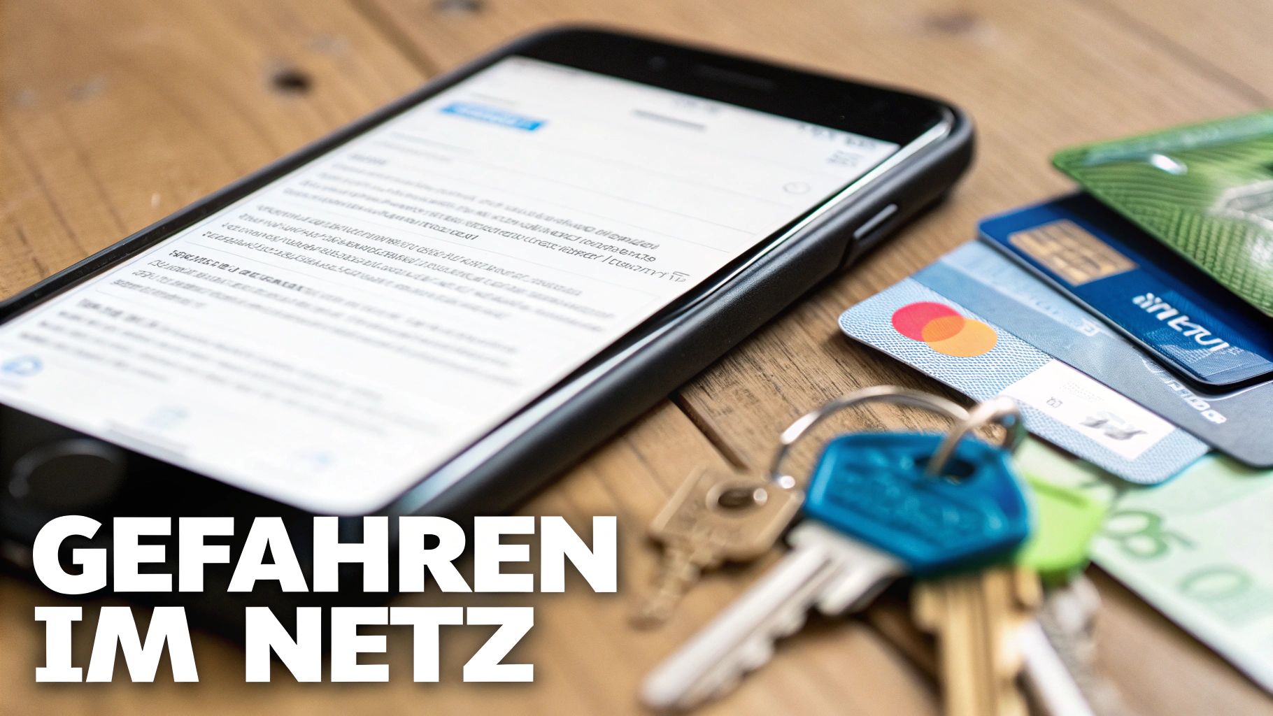 Smartphone, Kreditkarten, Schlüssel und Geldscheine auf einem Holztisch, im Kontext von Cybergefahren und Online-Sicherheit.