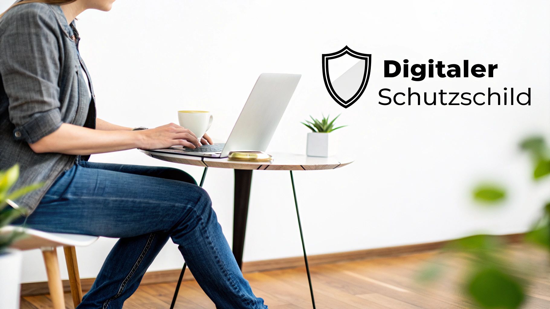 Eine Person arbeitet am Laptop mit Kaffee und Pflanze, daneben ein Schild-Symbol mit 'Digitaler Schutzschild'.
